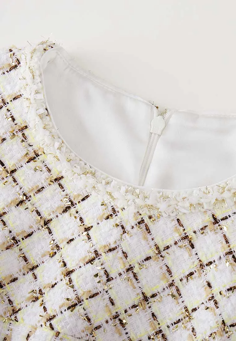 Beige Checked Fake Two Piece Tweed Dress