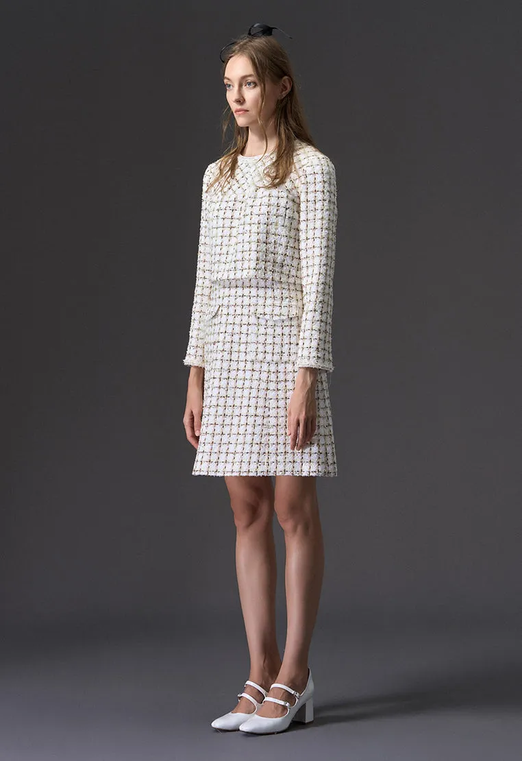 Beige Checked Fake Two Piece Tweed Dress