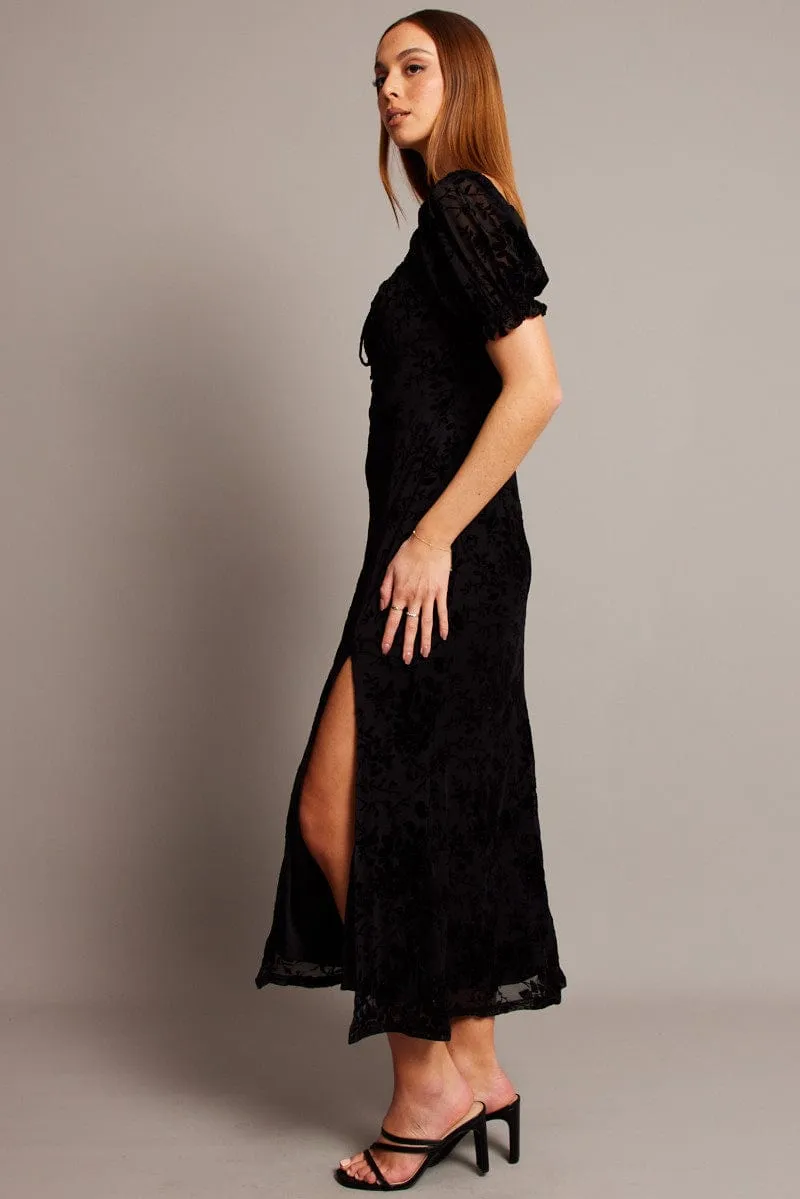 Black Midi Dress Puff Sleeve Burn Out
