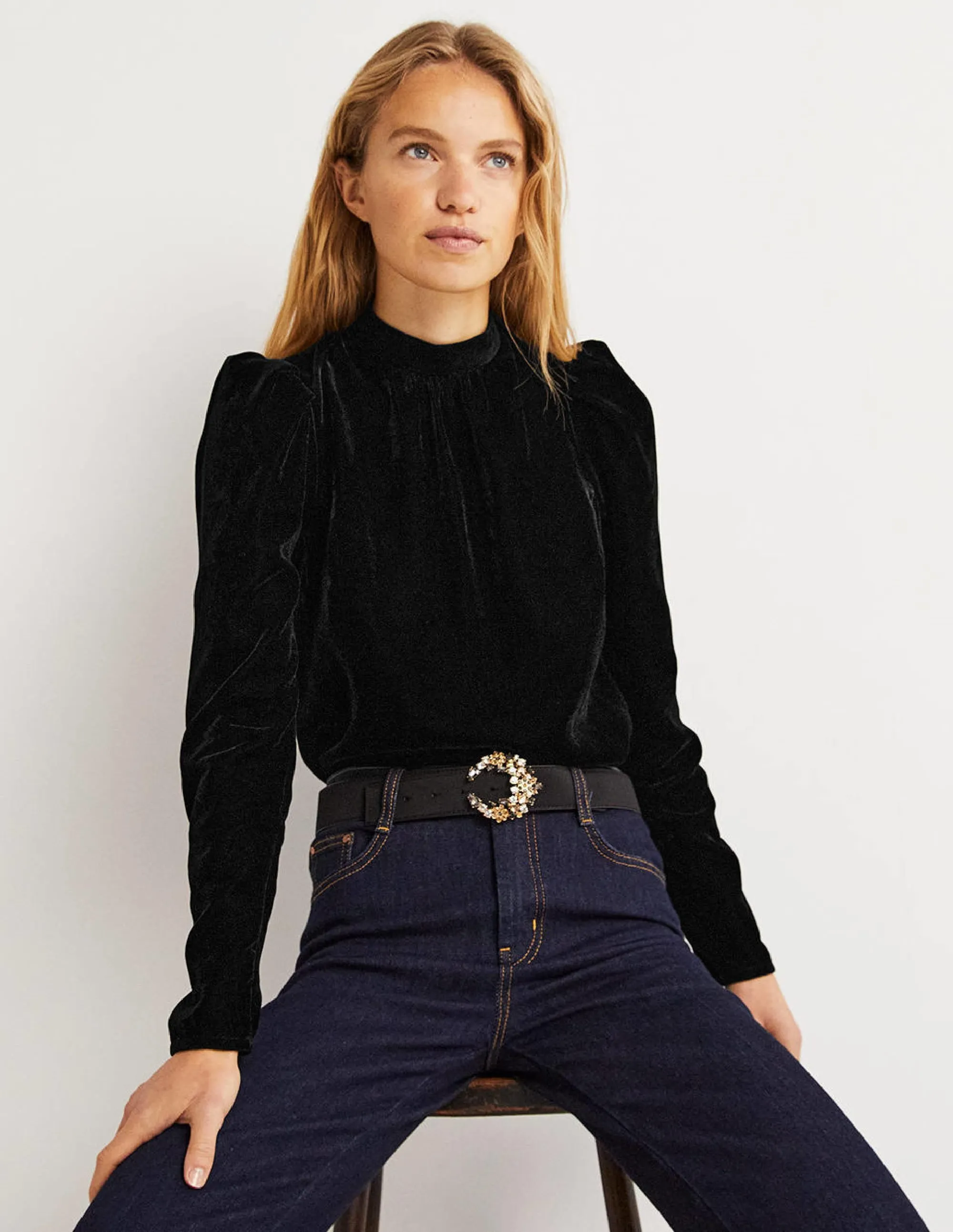 Black Mutton Sleeve Velvet Top-Black
