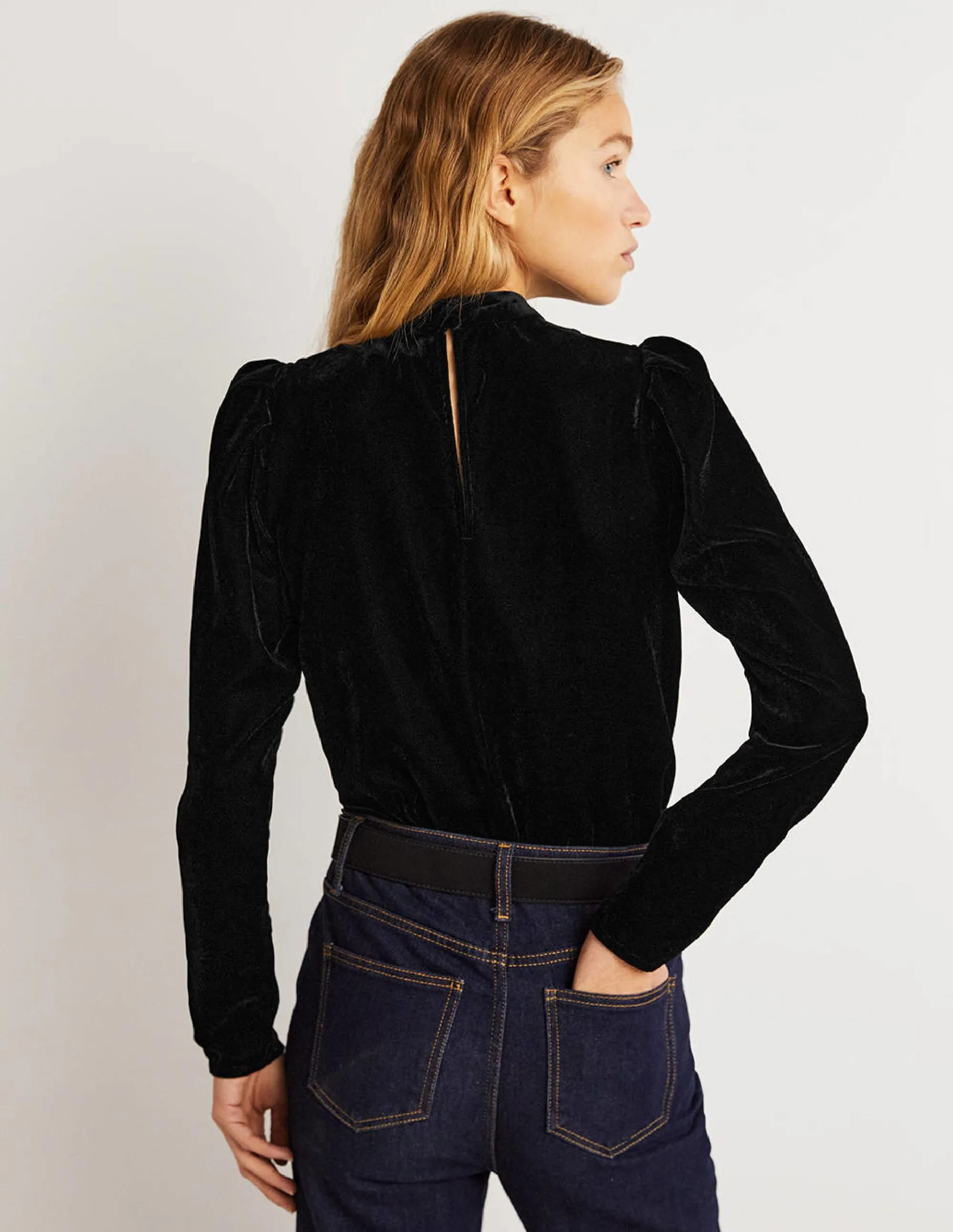 Black Mutton Sleeve Velvet Top-Black
