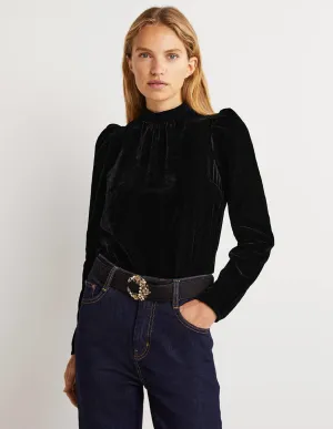 Black Mutton Sleeve Velvet Top-Black