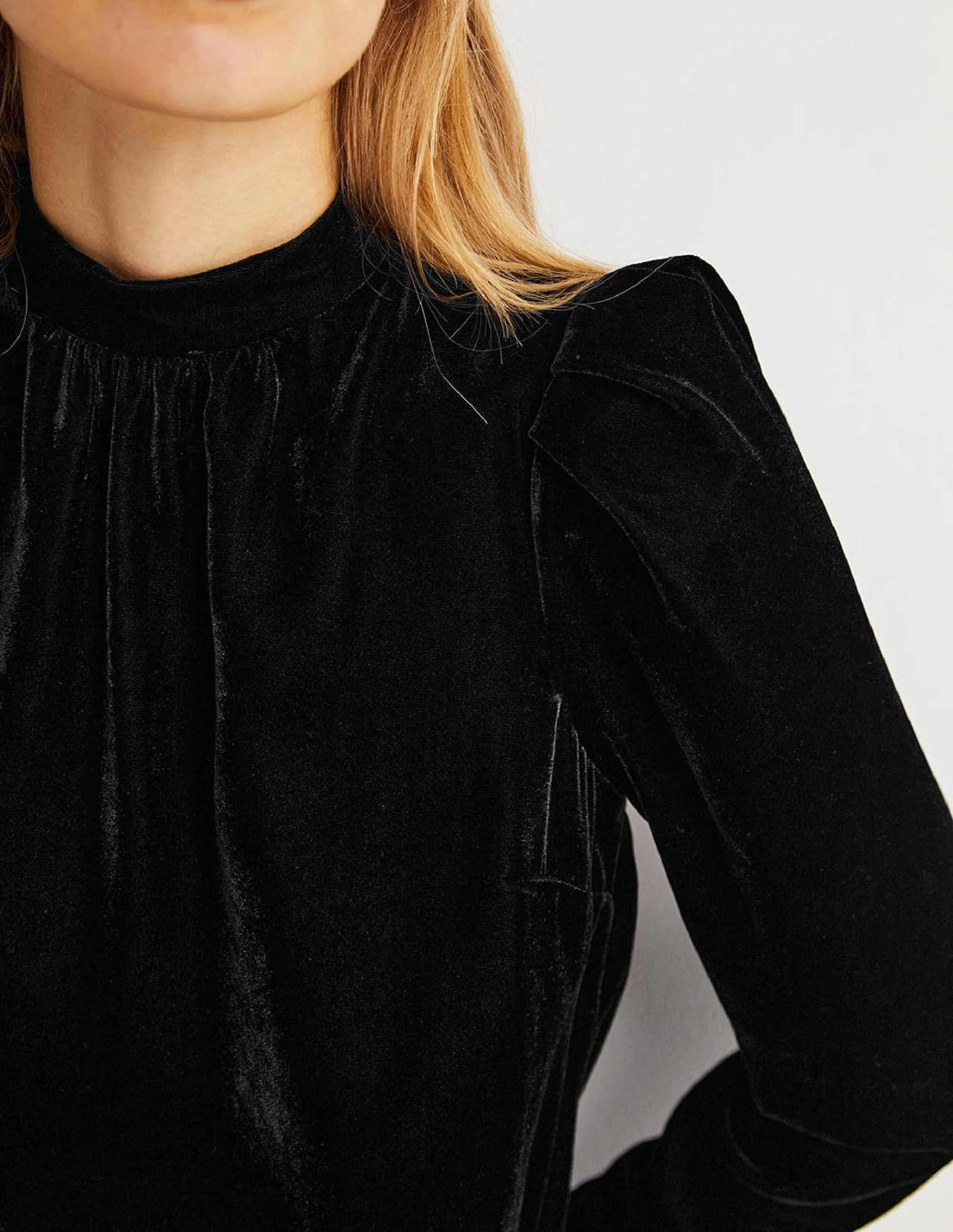 Black Mutton Sleeve Velvet Top-Black
