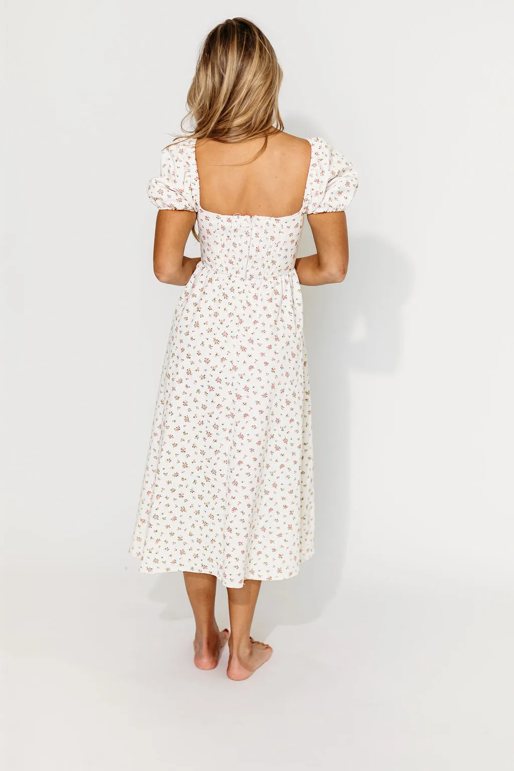 Charlotte Cotton Puff Sleeve Midi Dress in Cream/Pink Floral