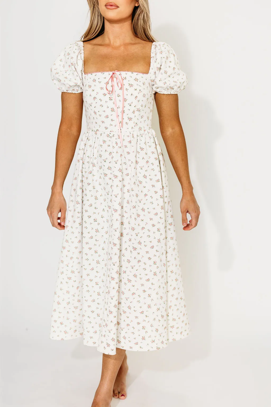 Charlotte Cotton Puff Sleeve Midi Dress in Cream/Pink Floral