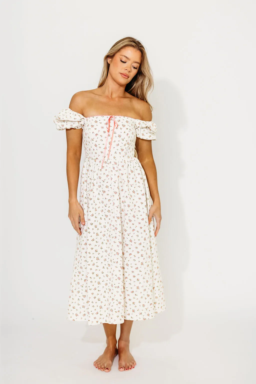 Charlotte Cotton Puff Sleeve Midi Dress in Cream/Pink Floral