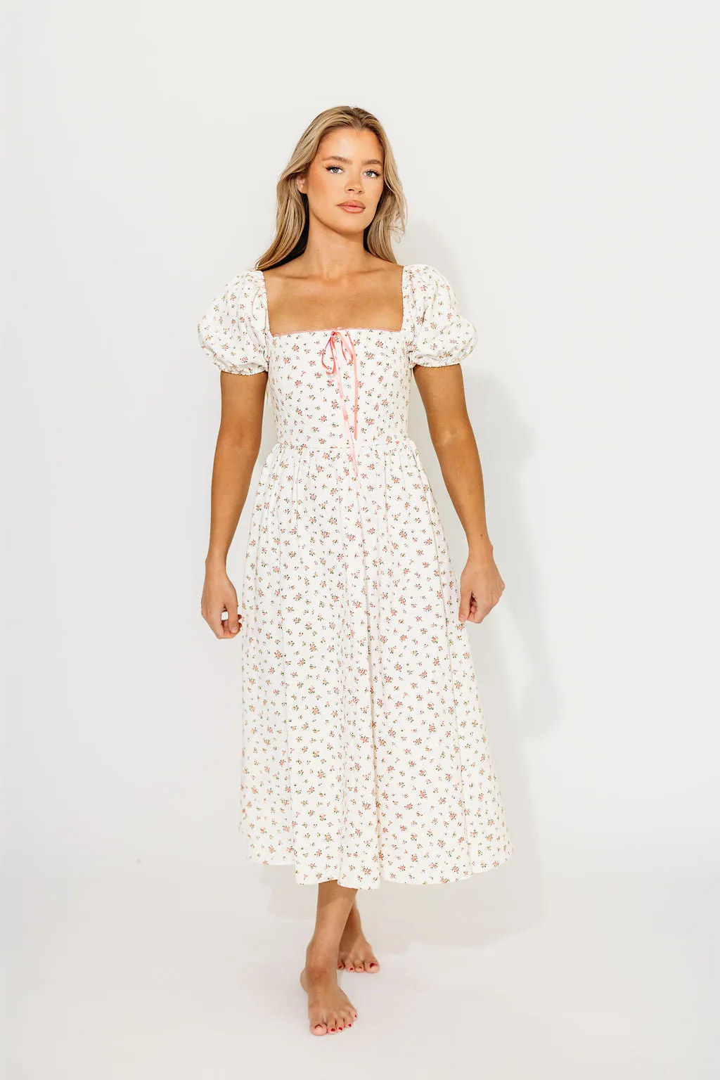 Charlotte Cotton Puff Sleeve Midi Dress in Cream/Pink Floral
