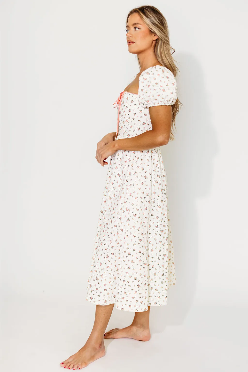 Charlotte Cotton Puff Sleeve Midi Dress in Cream/Pink Floral