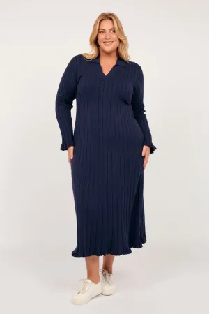 Collared Knitted Swing Dress in Navy