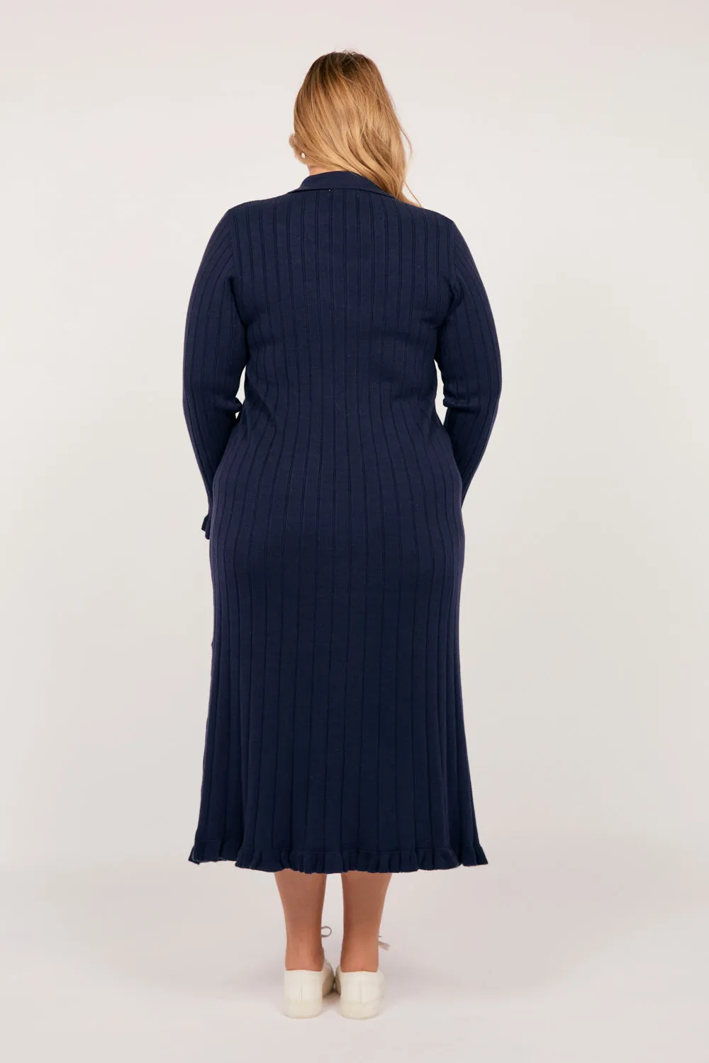 Collared Knitted Swing Dress in Navy
