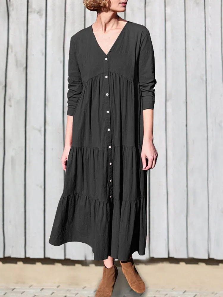 Cotton V-neck Button Front Long Sleeve Casual Layered Women Midi Dress