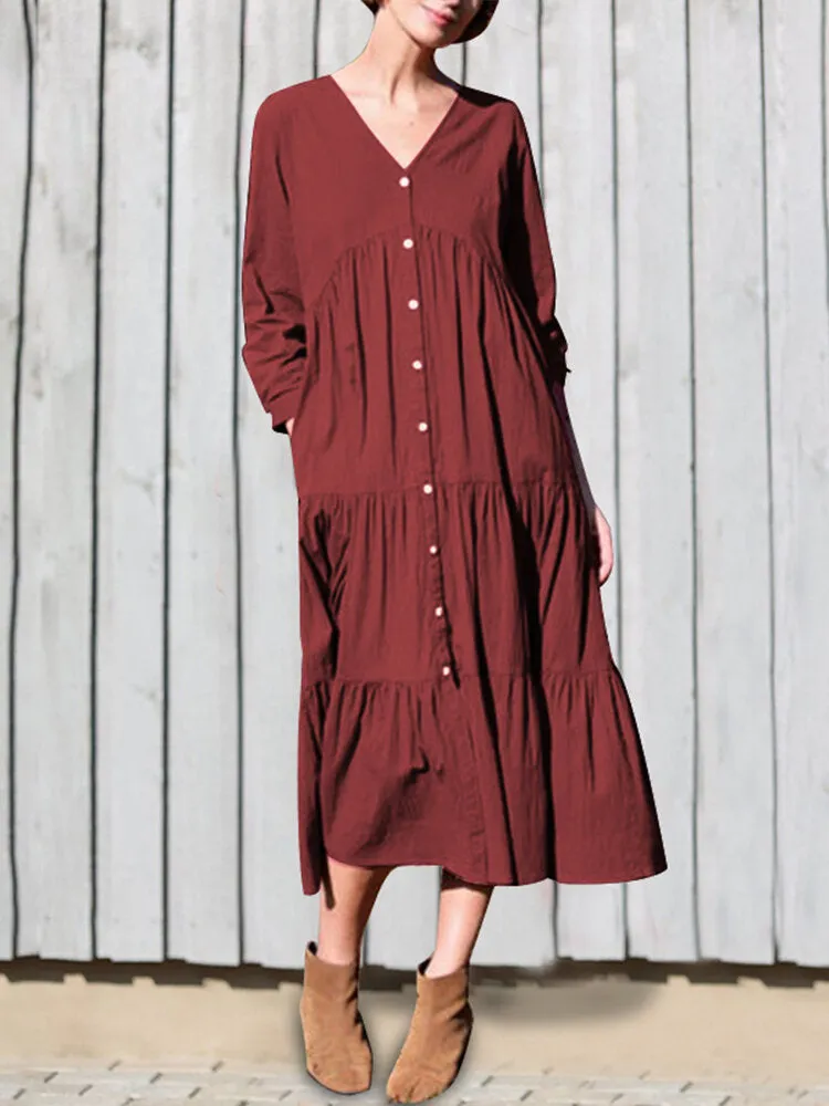 Cotton V-neck Button Front Long Sleeve Casual Layered Women Midi Dress