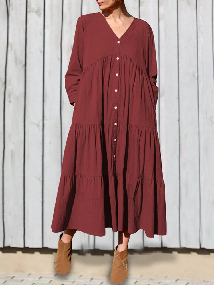 Cotton V-neck Button Front Long Sleeve Casual Layered Women Midi Dress