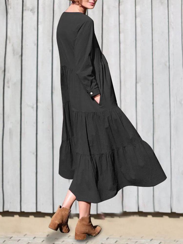 Cotton V-neck Button Front Long Sleeve Casual Layered Women Midi Dress