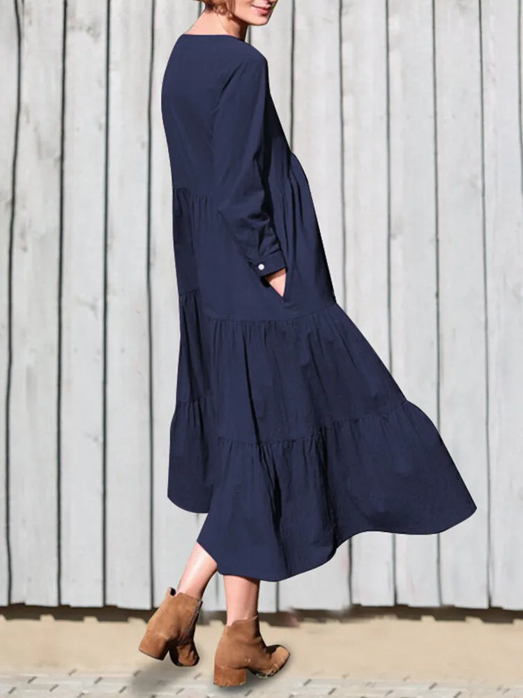 Cotton V-neck Button Front Long Sleeve Casual Layered Women Midi Dress