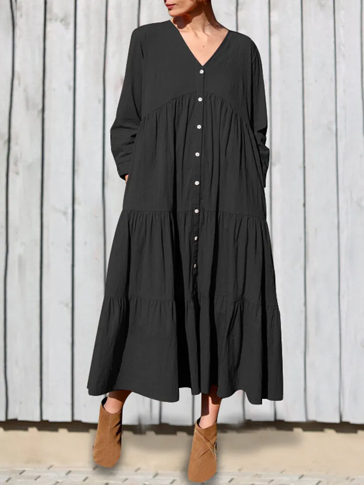 Cotton V-neck Button Front Long Sleeve Casual Layered Women Midi Dress