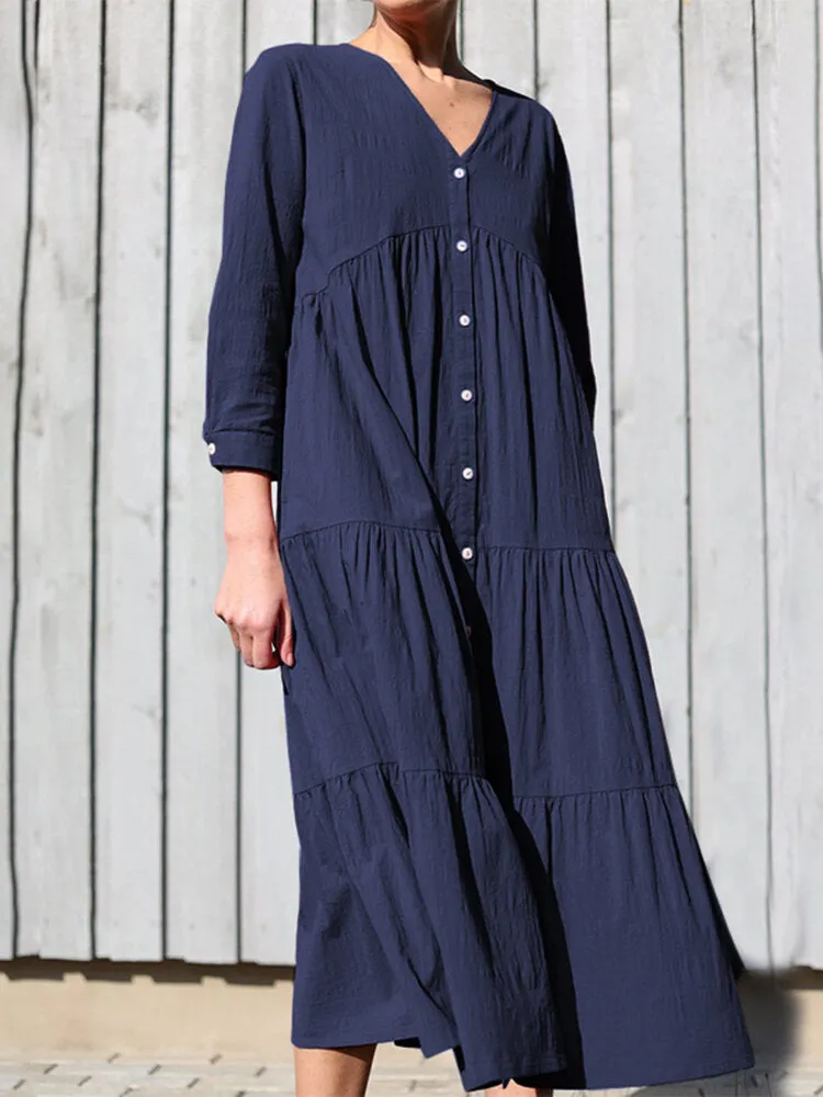Cotton V-neck Button Front Long Sleeve Casual Layered Women Midi Dress