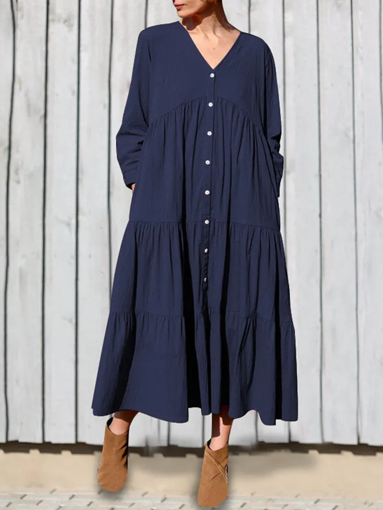 Cotton V-neck Button Front Long Sleeve Casual Layered Women Midi Dress