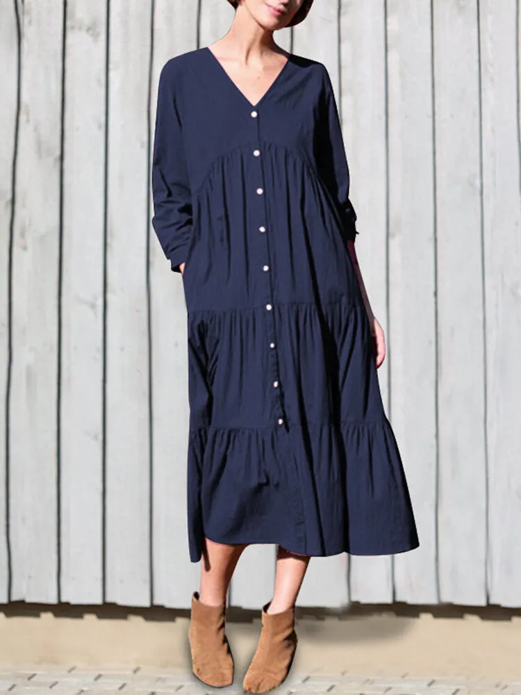 Cotton V-neck Button Front Long Sleeve Casual Layered Women Midi Dress