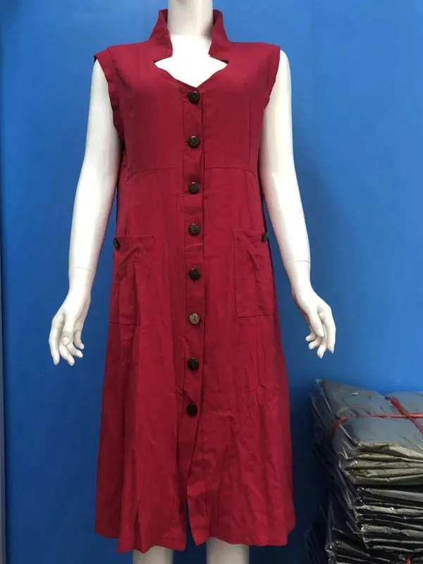 Cotton V-neck Buttons Down Bandage Solid Shirt Women Maxi Dress