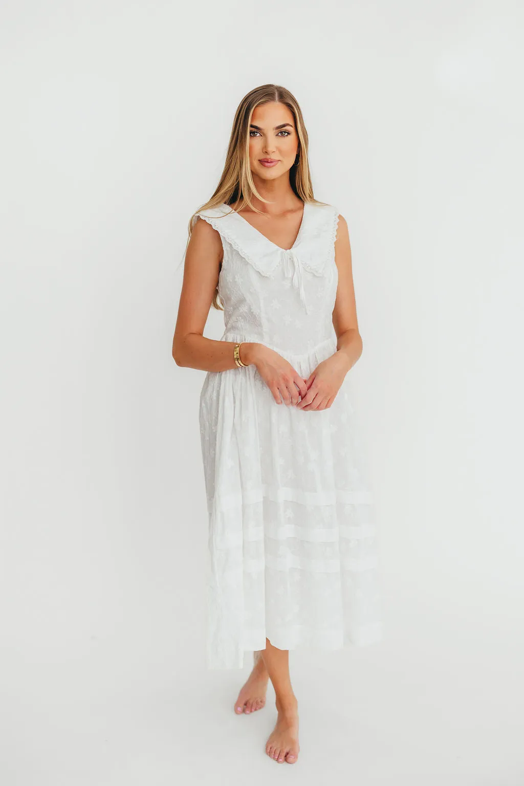 Elaine 100% Cotton Embroidered Midi Dress in White Floral