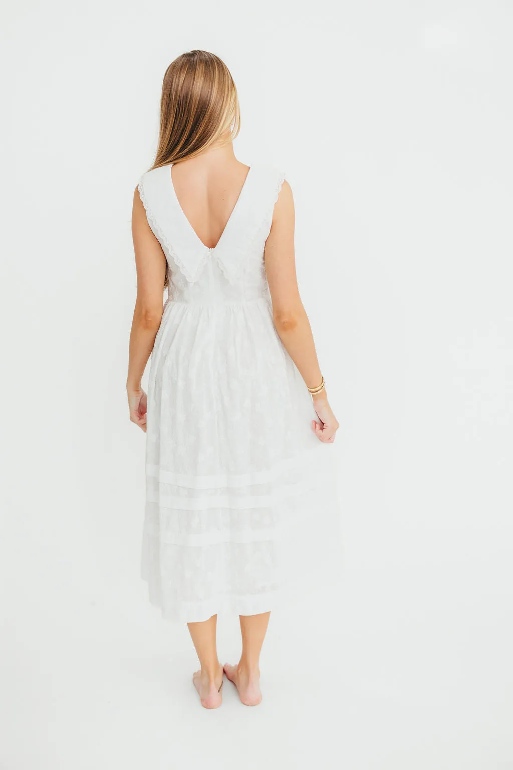 Elaine 100% Cotton Embroidered Midi Dress in White Floral