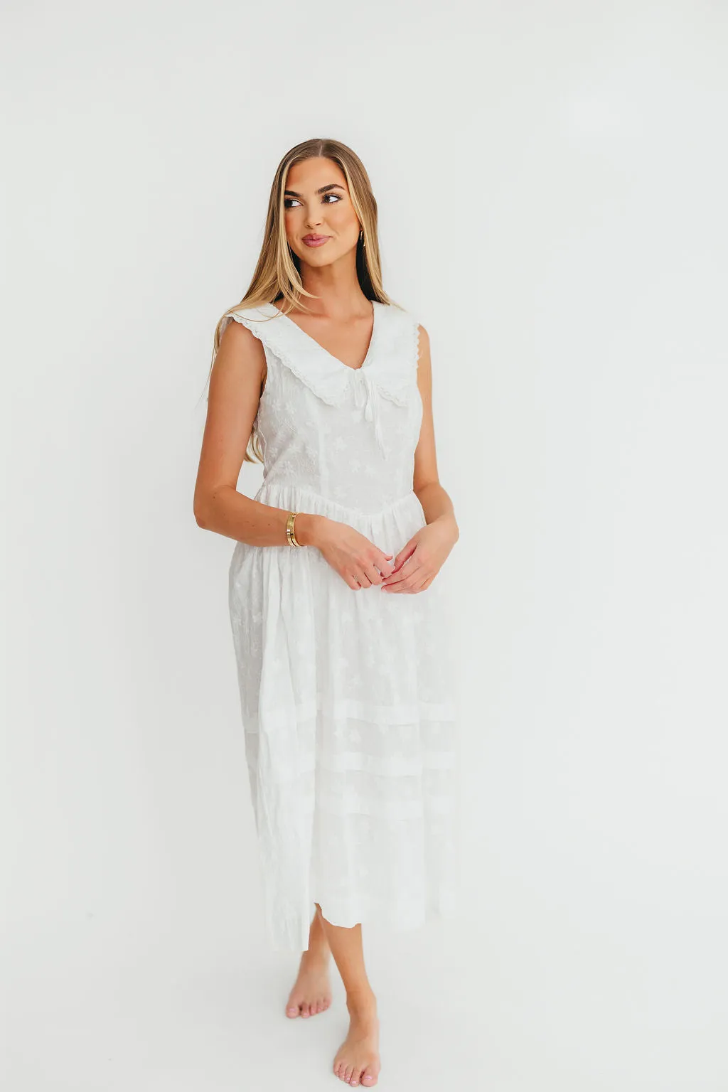 Elaine 100% Cotton Embroidered Midi Dress in White Floral