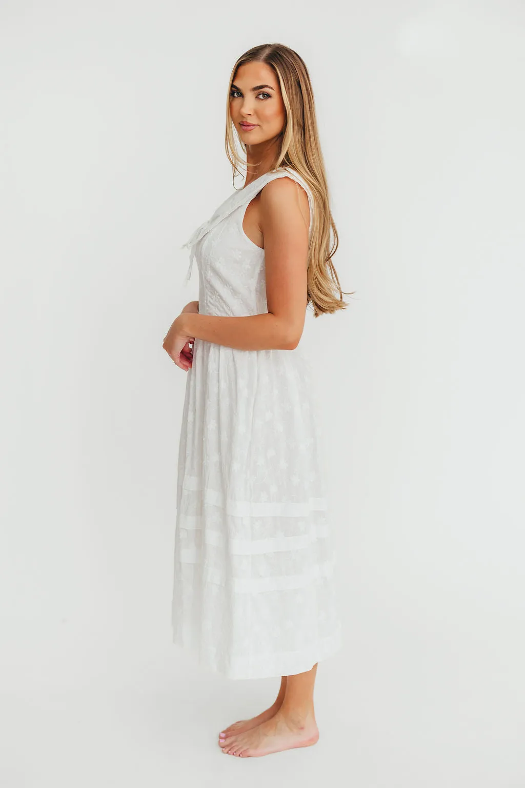 Elaine 100% Cotton Embroidered Midi Dress in White Floral