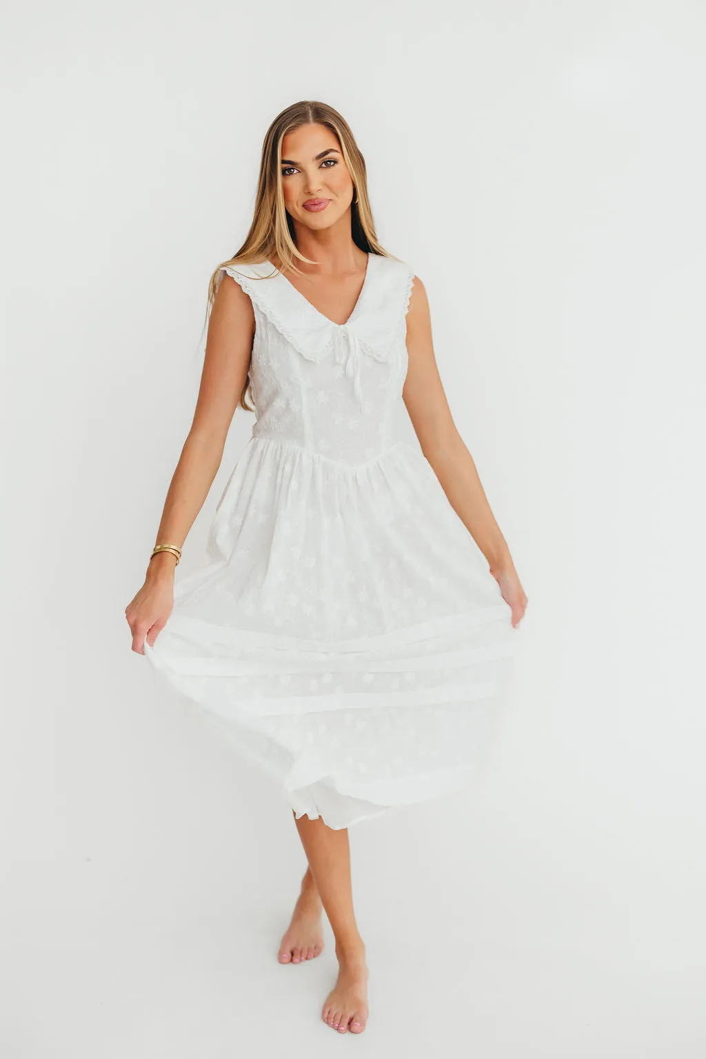Elaine 100% Cotton Embroidered Midi Dress in White Floral