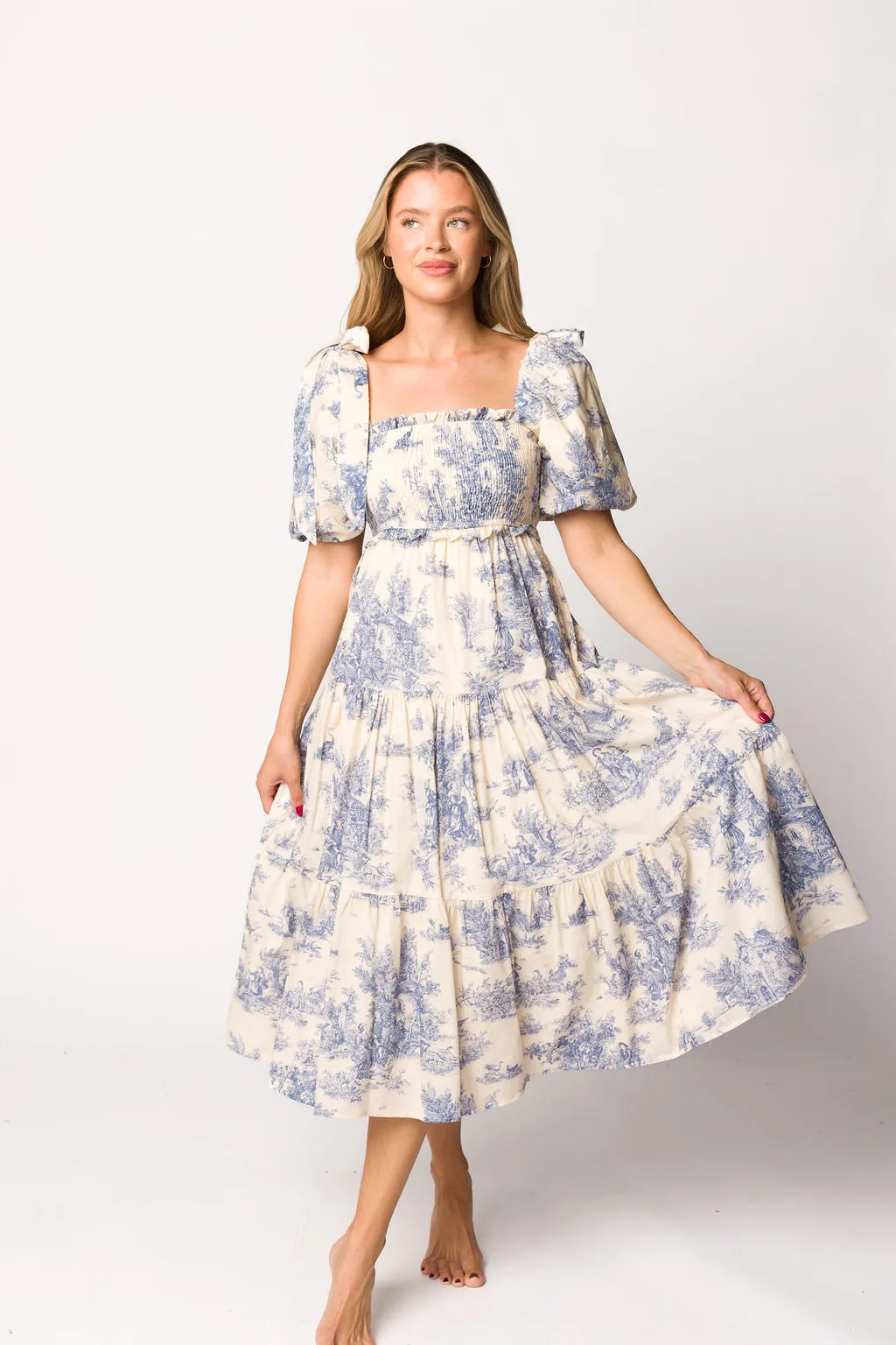 Elena 100% Cotton Toile Print Smocked Midi Dress in Blue - Bump Friendly (Restocking in April)