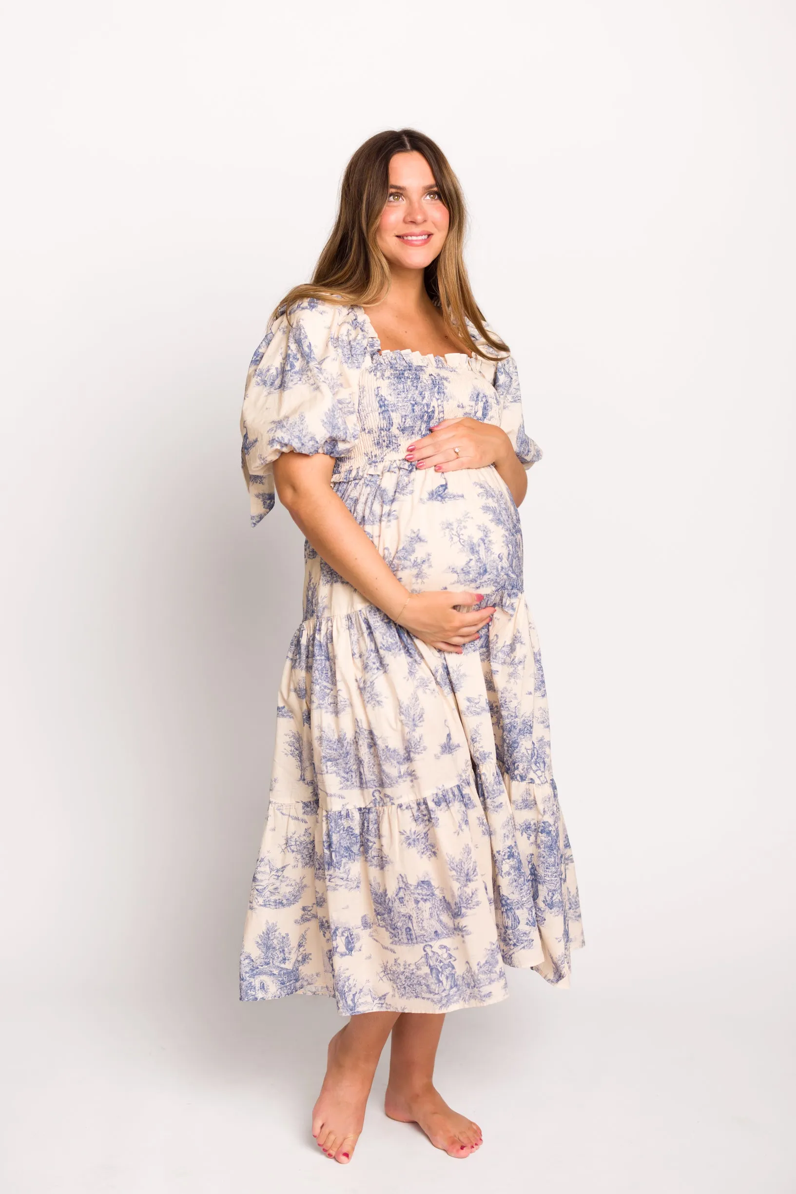 Elena 100% Cotton Toile Print Smocked Midi Dress in Blue - Bump Friendly (Restocking in April)