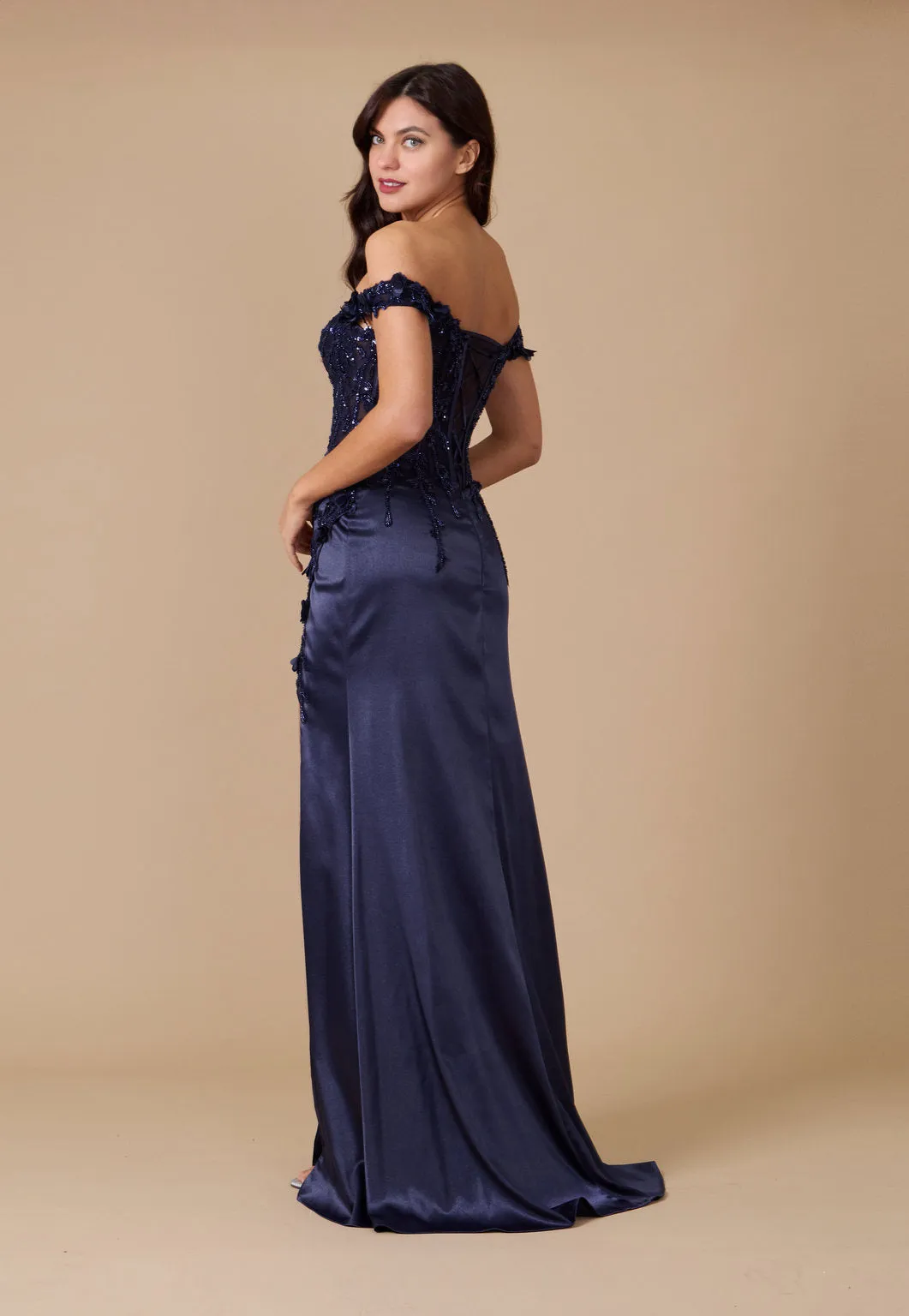 Fitted Corset Off the Shoulder Formal Prom Dress Navy