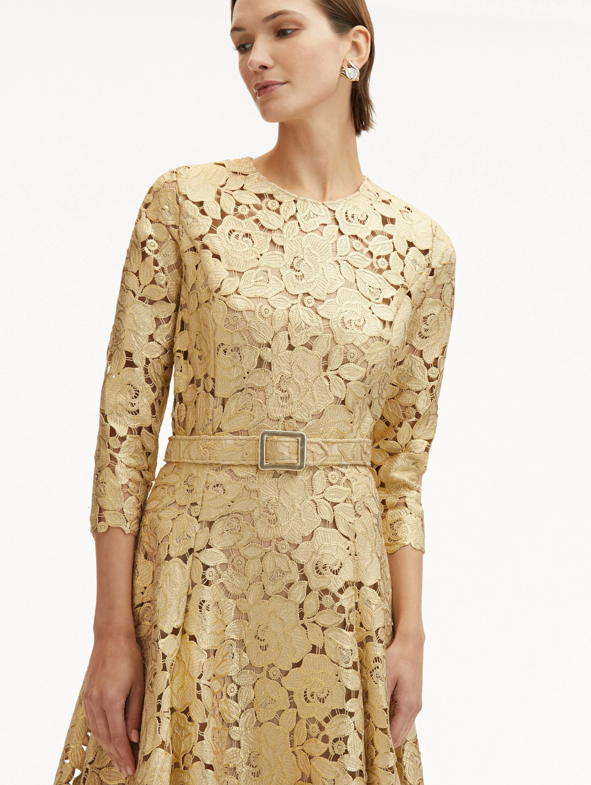 Gold Foil Rose Guipure Dress