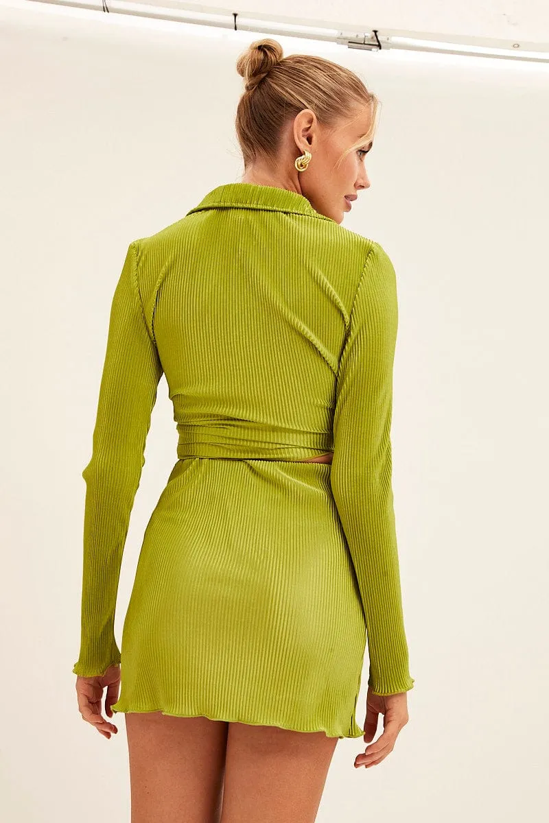 Green Mini Skirt Plisse Satin