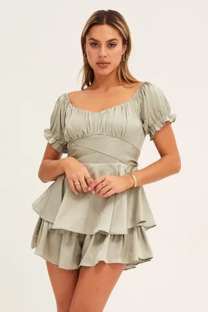 Green Playsuit V Neck Satin