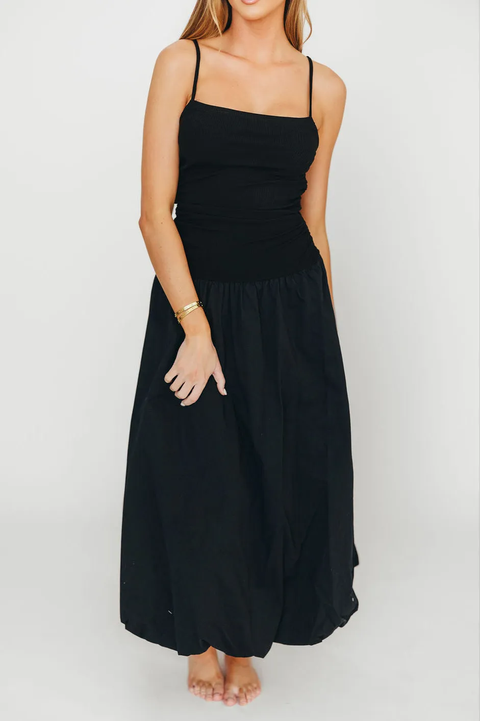 Henley Bubble Hem Midi Dress in Black