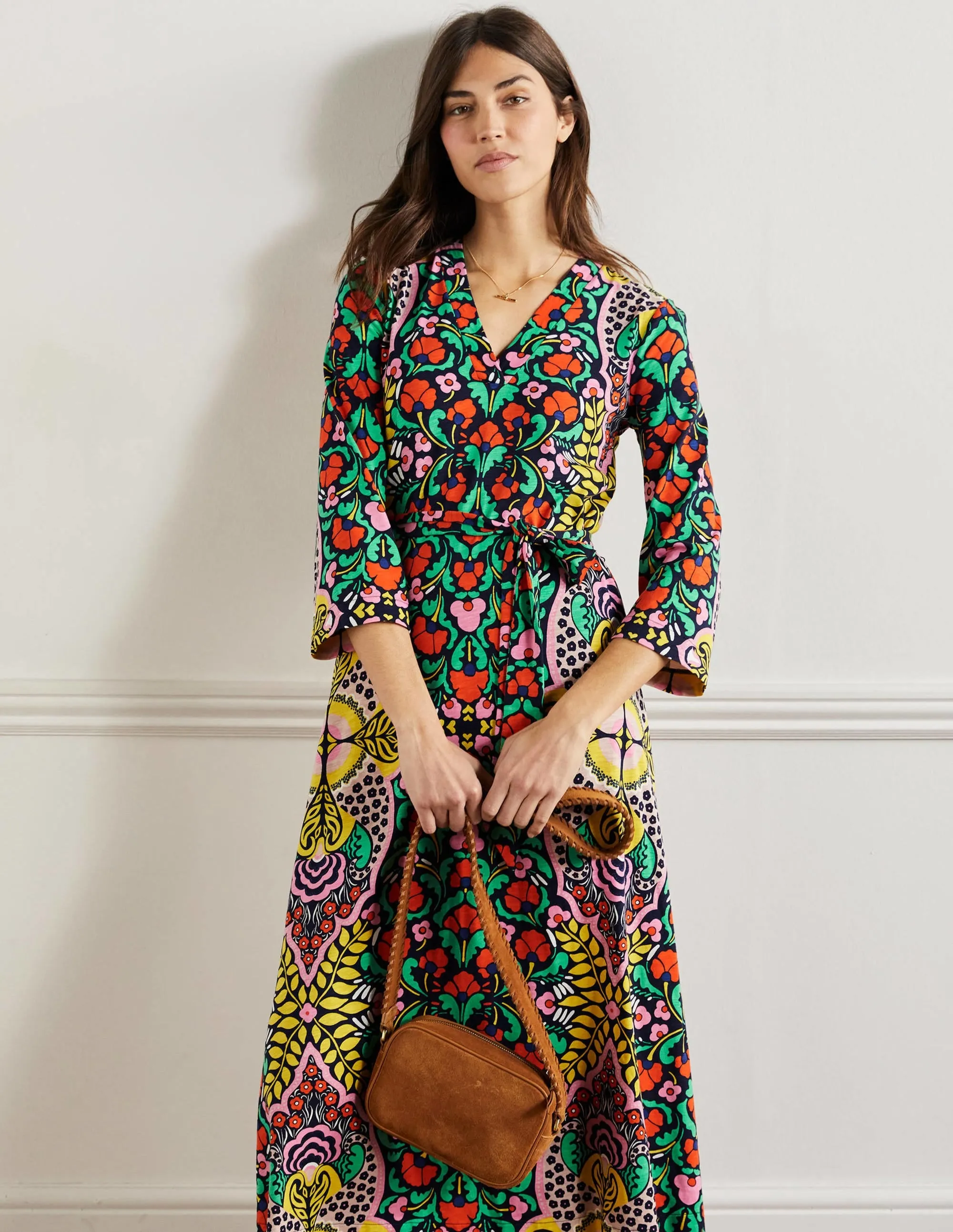 Jersey Kaftan Midi Dress-Navy Passion Bloom
