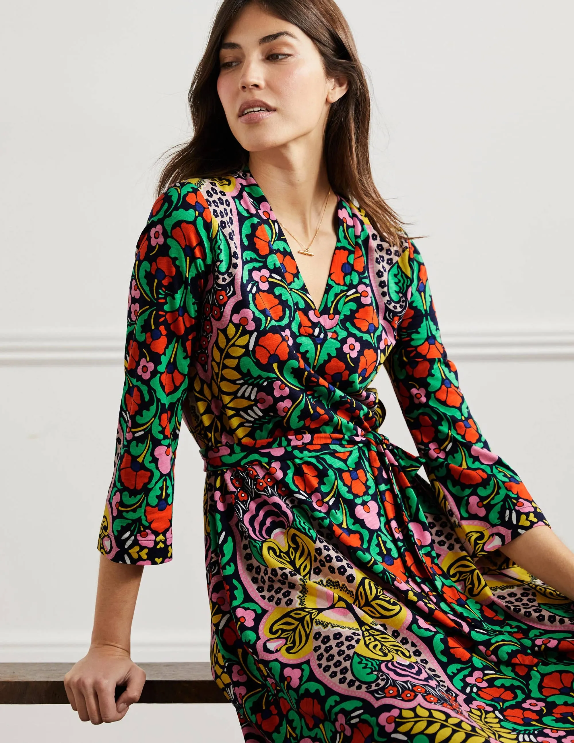 Jersey Kaftan Midi Dress-Navy Passion Bloom