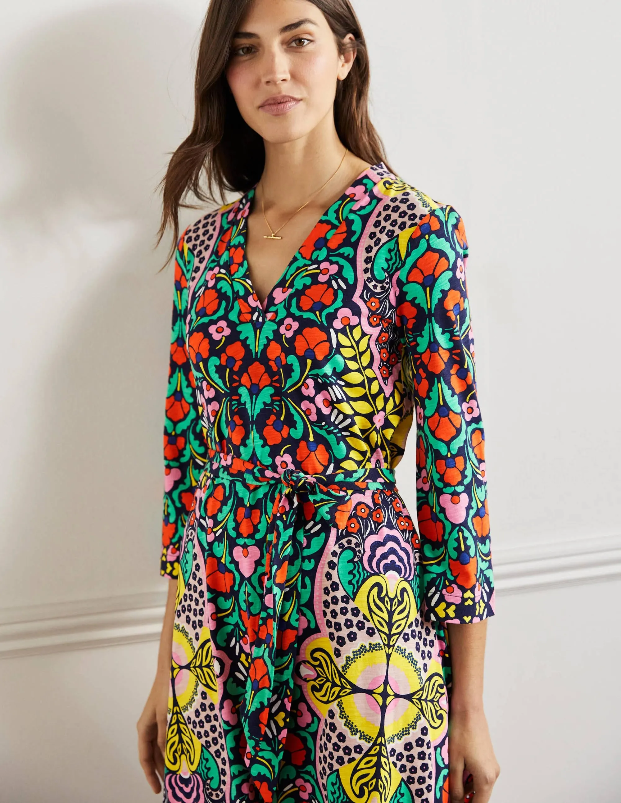 Jersey Kaftan Midi Dress-Navy Passion Bloom
