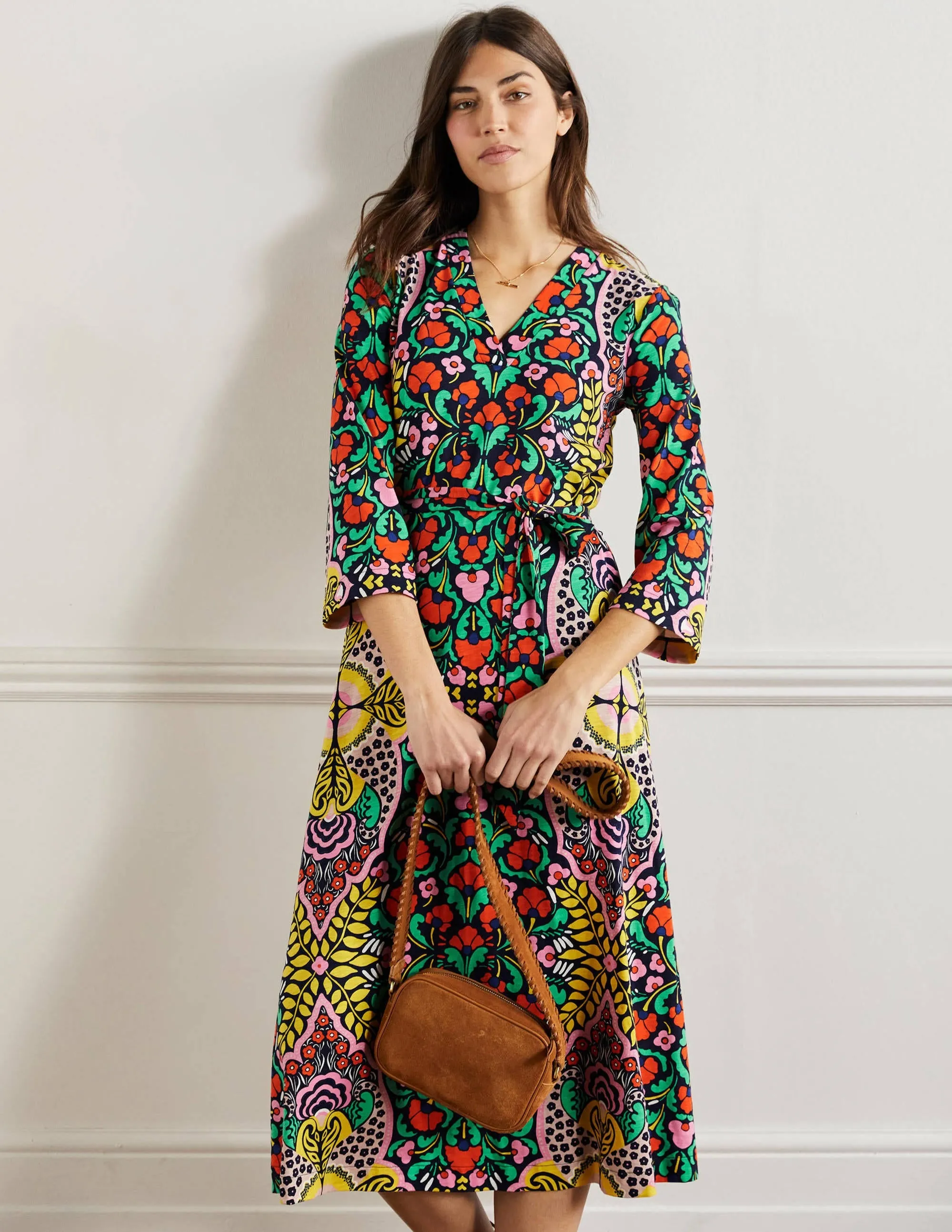 Jersey Kaftan Midi Dress-Navy Passion Bloom
