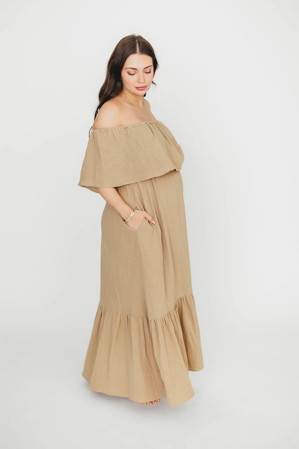 Josie 100% Cotton Maxi Dress in Khaki - Bump & Nursing Friendly