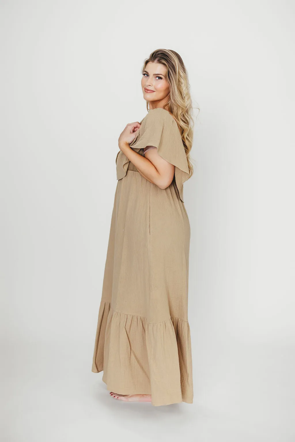 Josie 100% Cotton Maxi Dress in Khaki - Bump & Nursing Friendly