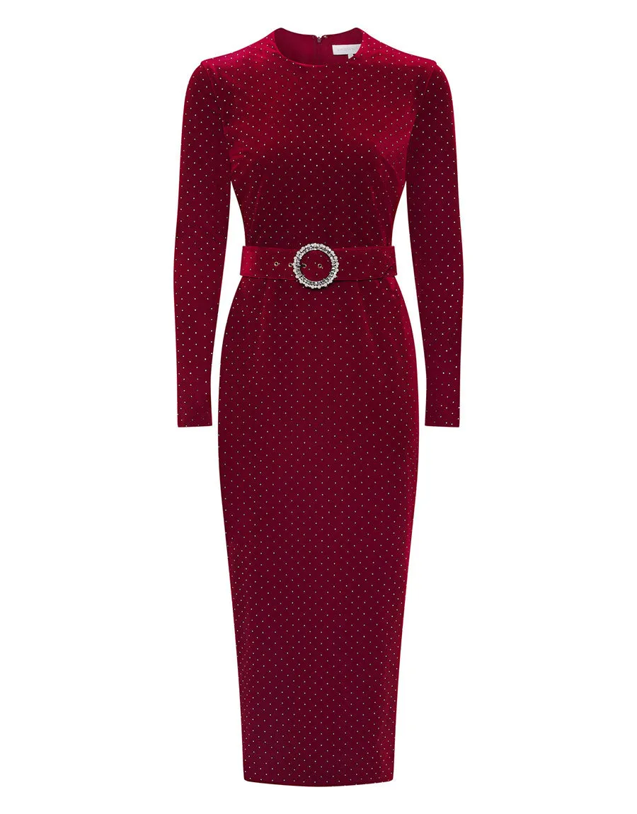 Kiara Velvet Midi Dress - Crystal Burgundy - SALE