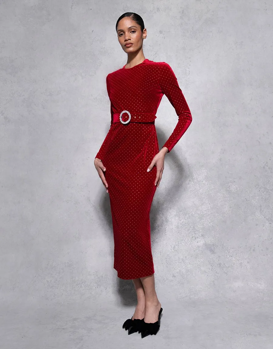 Kiara Velvet Midi Dress - Crystal Burgundy - SALE