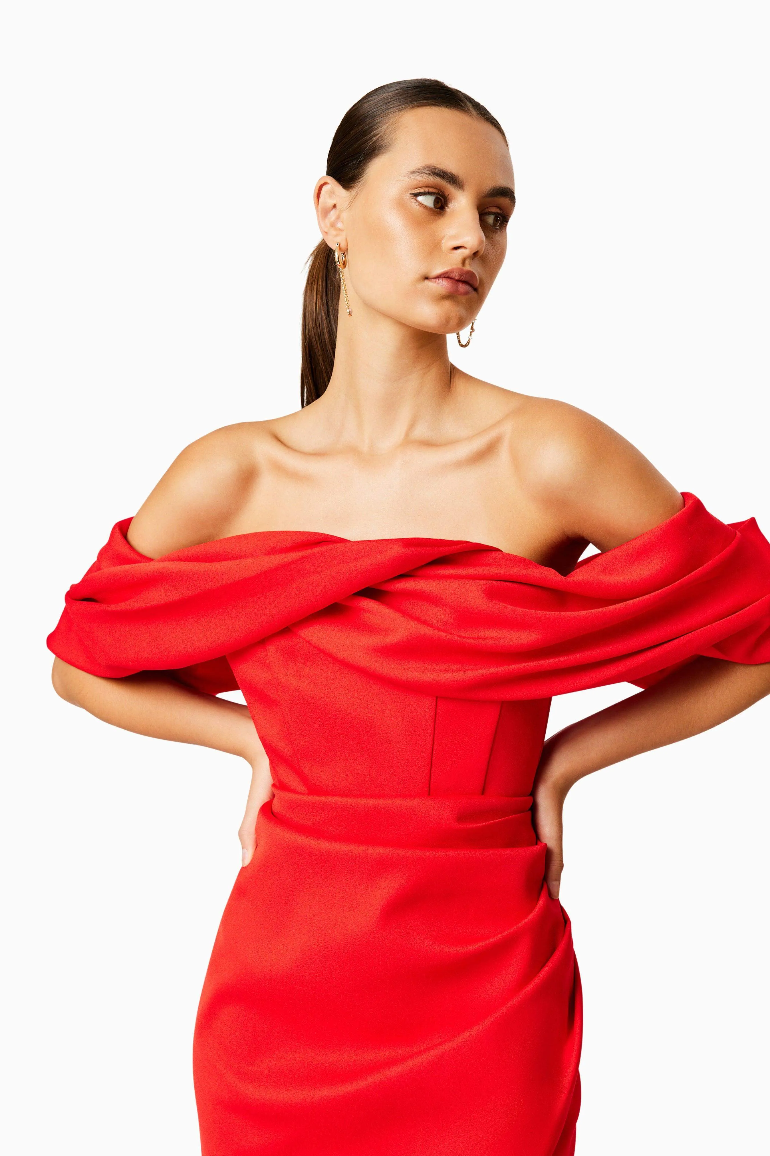 March Off The Shoulder Midi Dress in Red