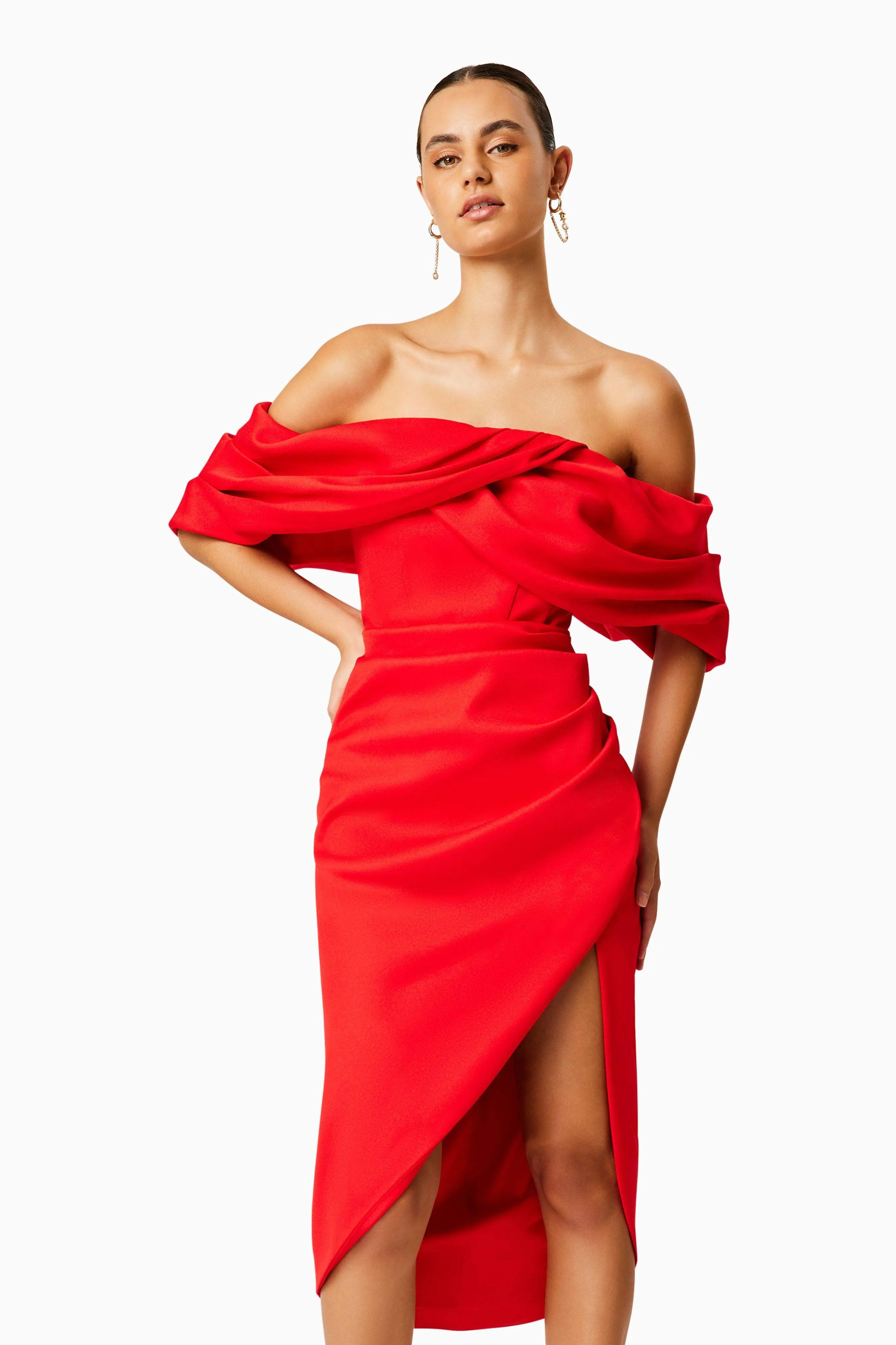 March Off The Shoulder Midi Dress in Red