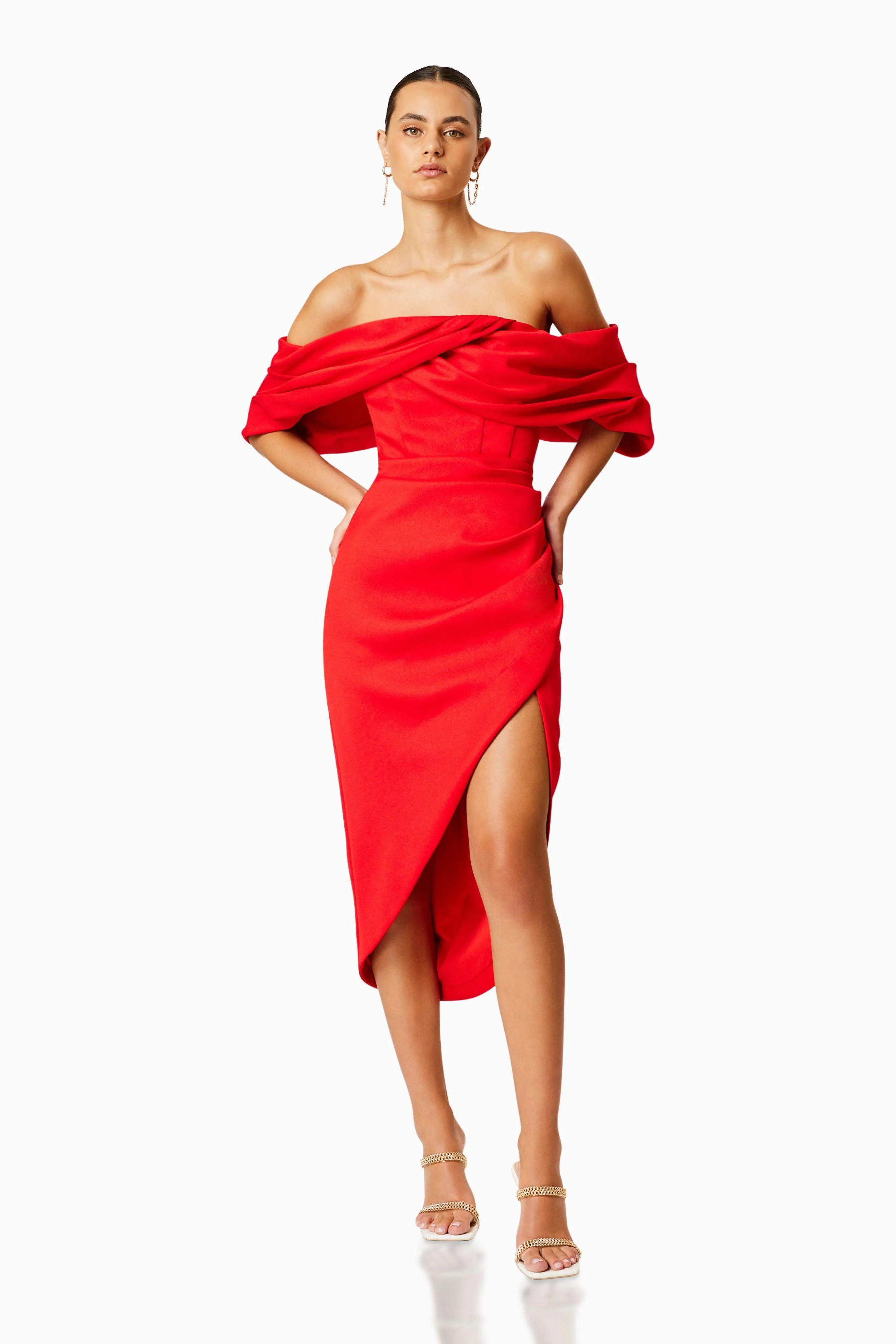 March Off The Shoulder Midi Dress in Red