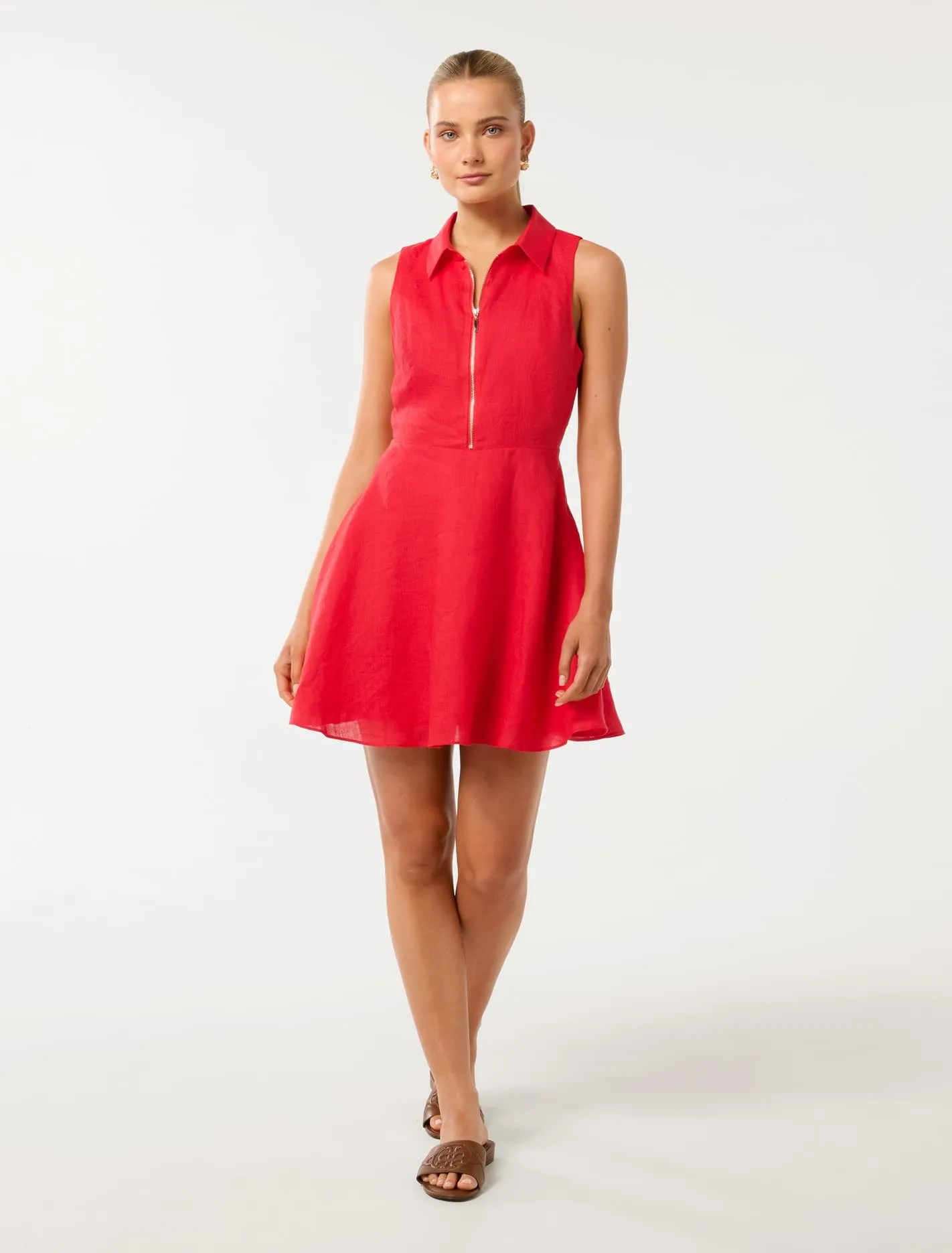 Nina Zip Front Collar Linen Mini Dress