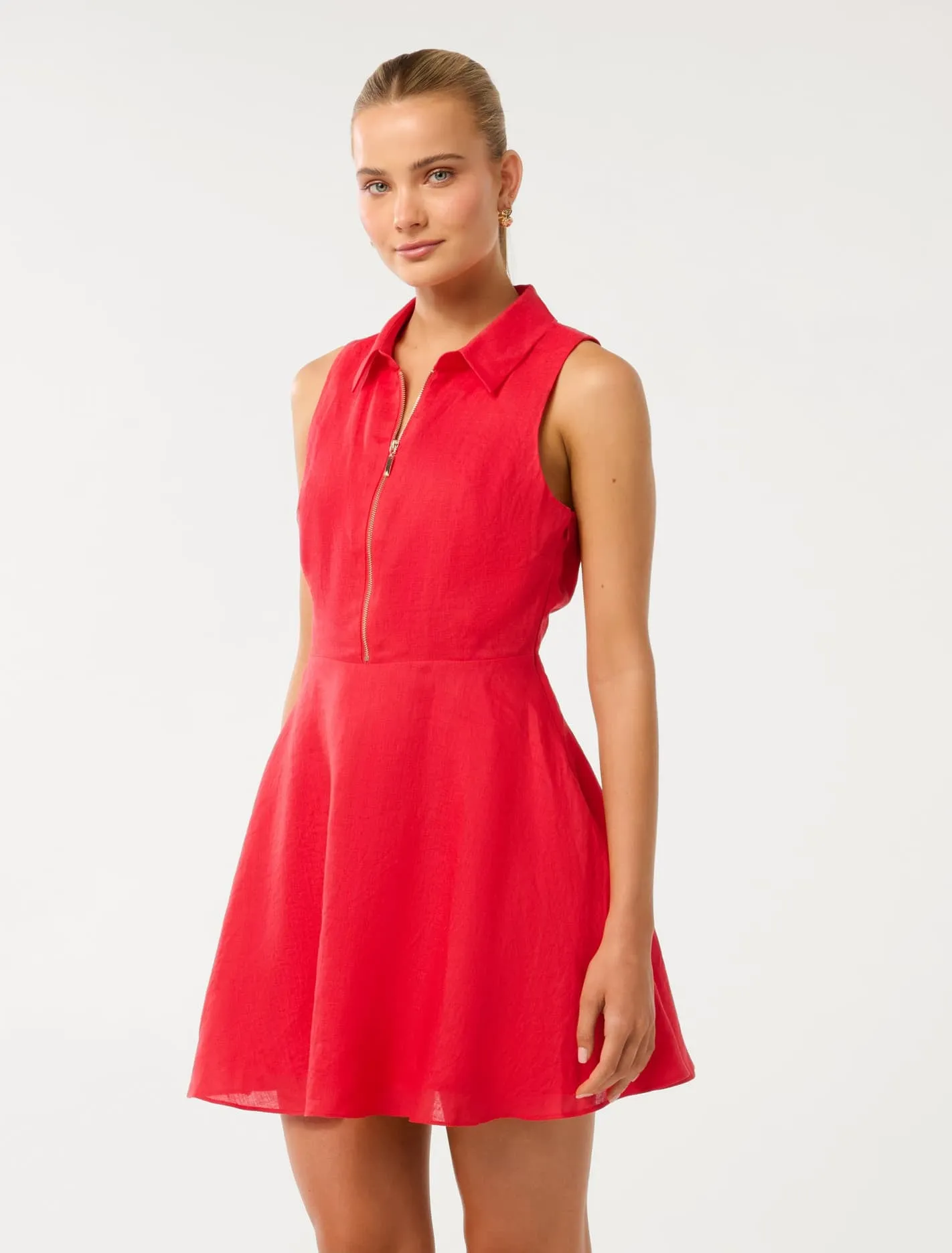 Nina Zip Front Collar Linen Mini Dress