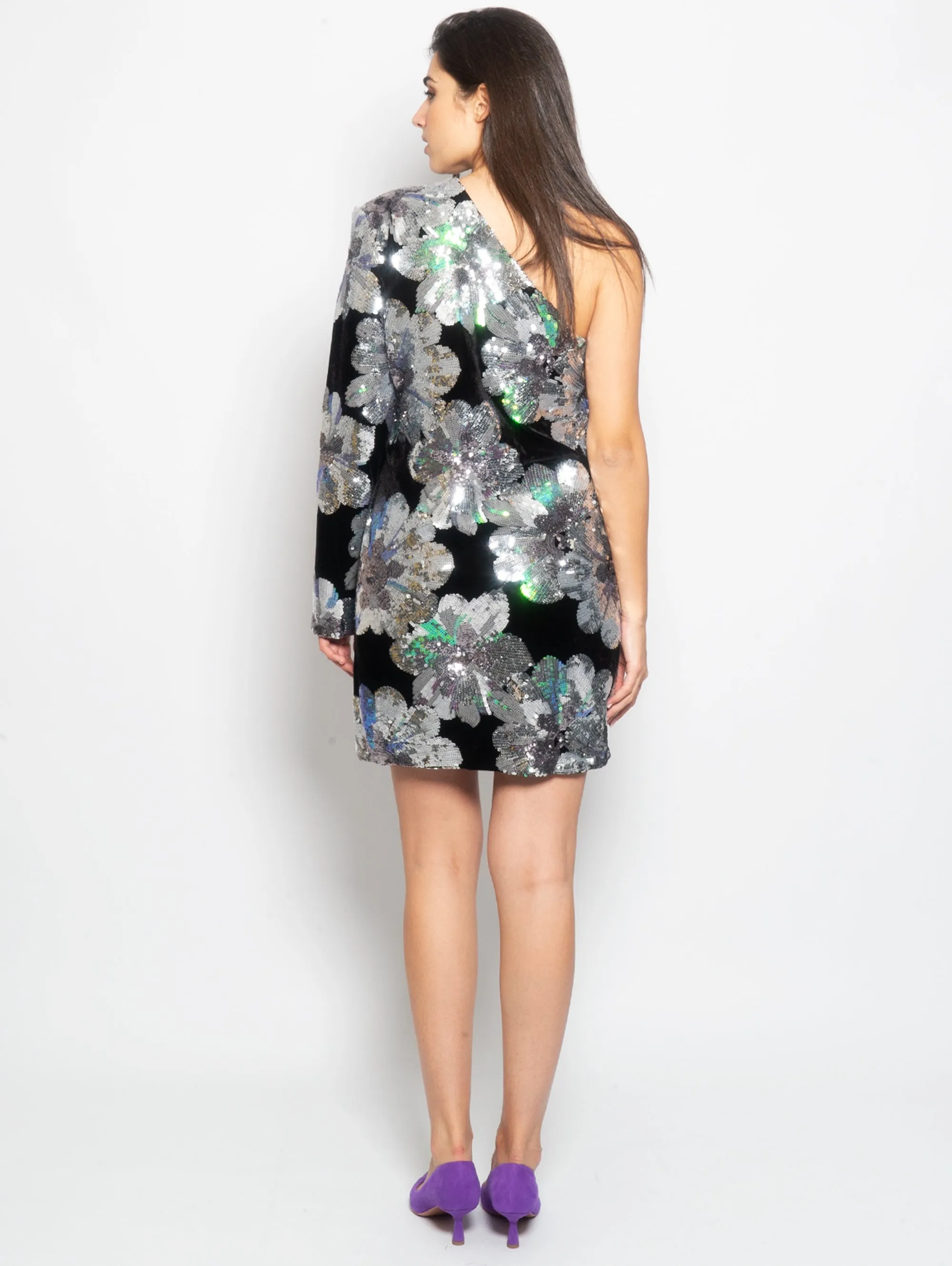 One Shoulder Dress in Black Velvet and Sequins
